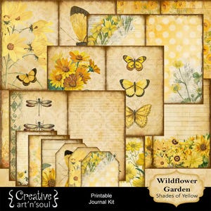 Printable Junk Journal Kit Wildflower Garden Shades of Yellow, Printable Pages and Ephemera, Digital Download
