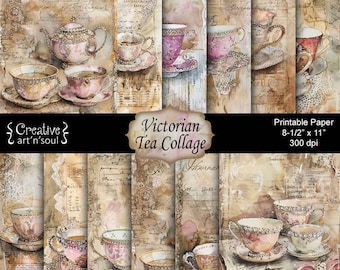 Printable Paper Pack, Digital Paper, Junk Journal Pages, Victorian Tea Collage