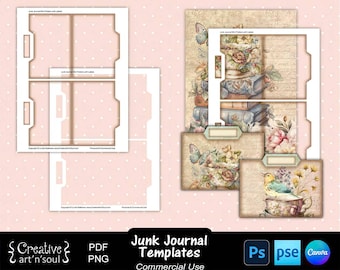 Junk Journal Templates,  Mini Folders with Labels, Templates for Canva and Photoshop