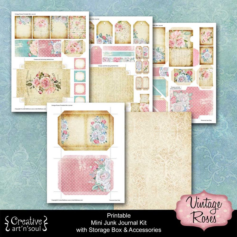 Printable Mini Junk Journal Kit, Digital Journal Kit, Junk Journal, Vintage Roses zdjęcie 2