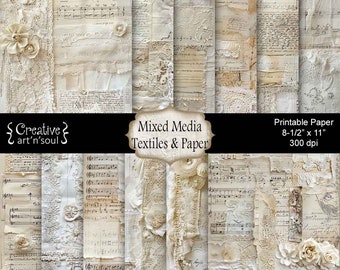 Printable Paper Pack, Digital Paper, Junk Journal Pages, Mixed Media Textiles & Paper