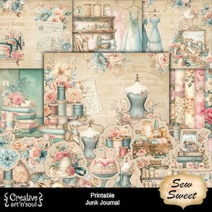 Printable Junk Journal Kit Sew Sweet, Printable Junk Journal Papers Cards Tags Ephemera, Digital Download