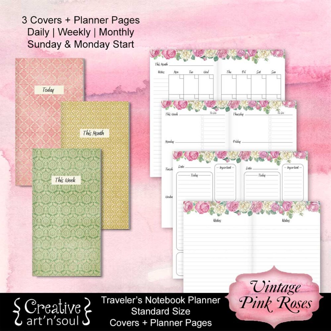 Printable Travelers Notebook Planner Inserts, Vintage Pink Roses - Etsy