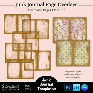 Printable Junk Journal Page Templates,  Junk Journal Distressed Page Overlays 11&quot; x 8.5&quot;, Templates for Canva and Photoshop