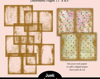 Printable Junk Journal Template,  Junk Journal Distressed Page Overlays, 11" x 8.5"