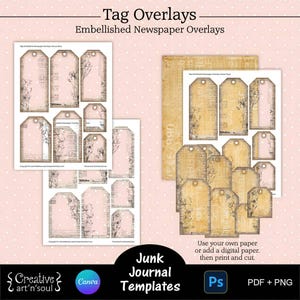 Modelos de cartões de diário de lixo para impressão, cartões de diário de lixo com sobreposições de jornal enfeitadas, modelos para Canva e Photoshop