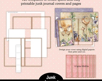 Printable Junk Journal Template, Cover and Page Set Bundle 9 Spine Widths