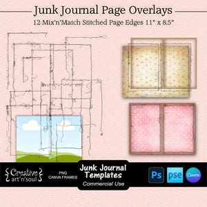 Junk Journal Templates,  Stitched Page Edges 11" x 8.5", Templates for Photoshop and Canva
