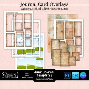 Junk Journal Templates, Printable Journal Cards with Messy Stitched Edges, Templates for Photoshop and Canva