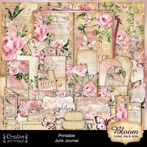 Printable Junk Journal Kit Bloom Your Own Way, Printable Junk Journal Pages Cards Tags Ephemera, Digital Download