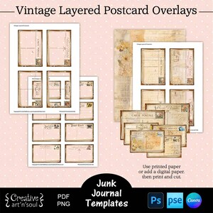 Modelos de cartões postais em camadas para impressão de diário de lixo, sobreposições de diário de lixo, cartões postais vintage, modelos para Canva e Photoshop