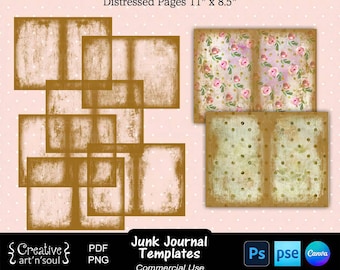 Junk Journal Templates, Distressed Page Overlays 11" x 8.5", Templates for Canva and Photoshop