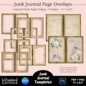 Modelli di pagine di Junk Journal, sovrapposizioni di Junk Journal, bordi di pagina con bordi di carta strappata a strati 11" x 8,5", modelli per Canva e Photoshop