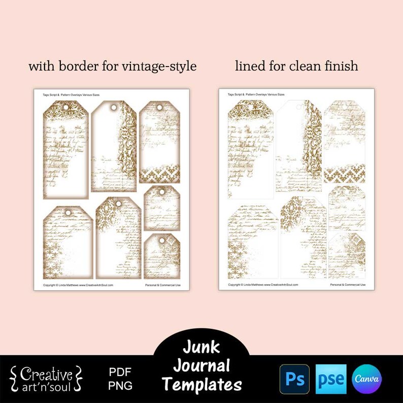 Junk Journal Templates, Printable Tags With Script and Pattern Overlay ...