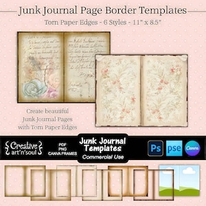 Sjablonen voor een junk journal, paginaranden met gescheurde papierranden 11"x8,5", sjablonen voor Photoshop en Canva