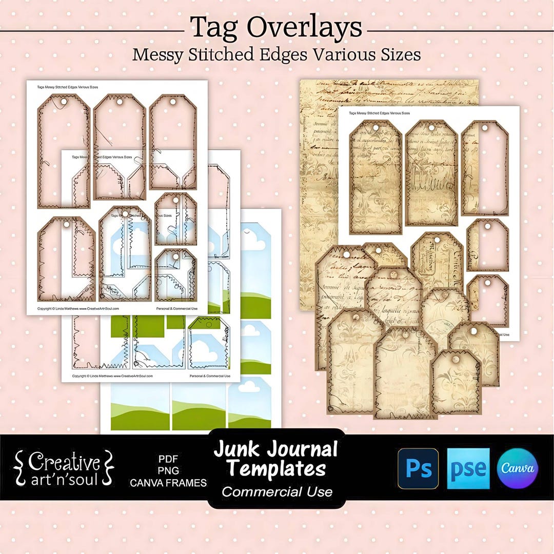 Junk Journal Templates, Printable Tags With Messy Stitched Edges ...