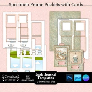 Junk Journal Templates, Printable Specimen Frame Pockets with Cards Set, Templates for Photoshop and Canva