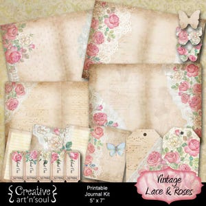 Printable Junk Journal Kit Vintage Lace & Roses, Printable Junk Journal Pages and Ephemera, Digital Download