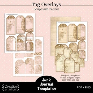 Printable Junk Journal Template,  Junk Journal Tag Overlays Various Sizes, Script and Pattern Overlay
