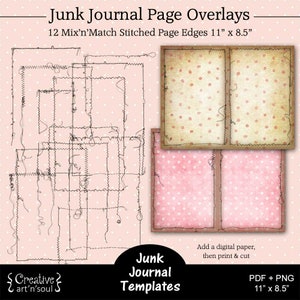 Printable Junk Journal Template,  Junk Journal Overlays, Stitched Page Edges 11" x 8.5"