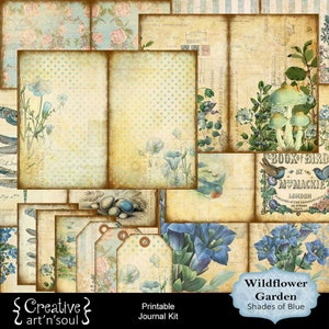 Wildflower Garden Printable Junk Journal Kit Shades of Blue, Printable Pages and Ephemera, Digital Download