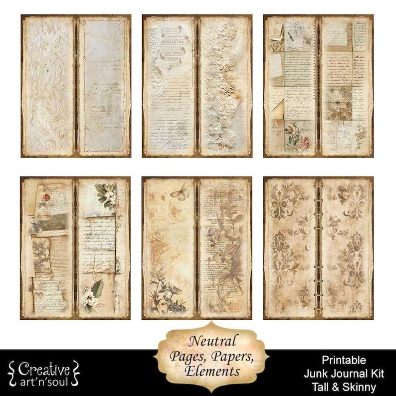 Printable Tall and Skinny Junk Journal Kit, Neutral Vintage Pages ...