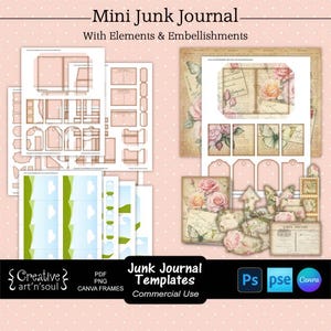 Mallar för skräpjournaler, mini-skräpjournal med element och utsmyckningar, mallar för Canva och Photoshop
