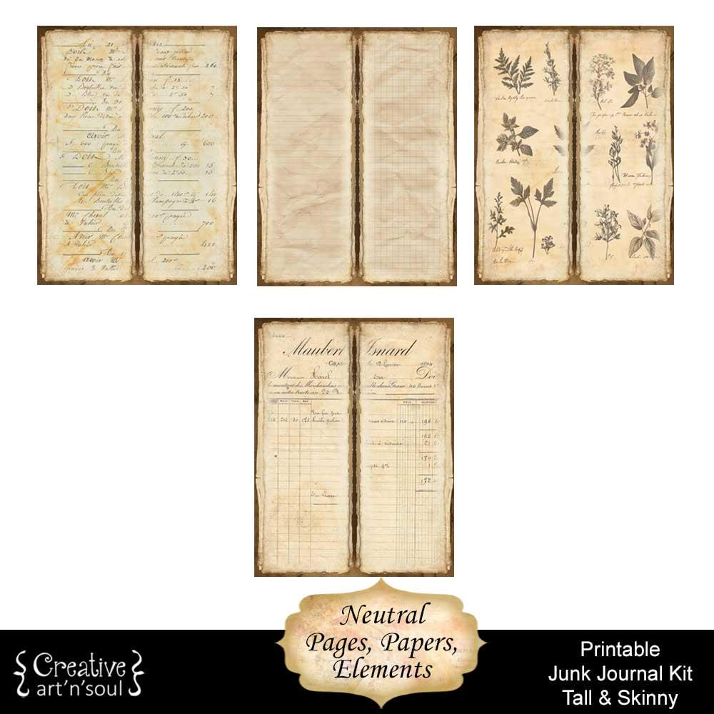 Printable Tall and Skinny Junk Journal Kit, Neutral Vintage Pages ...