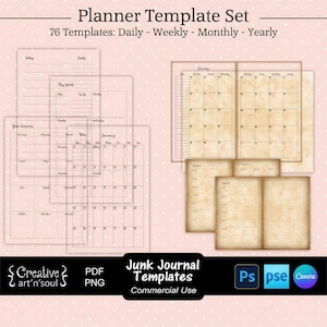 Junk Journal Planner Templates, Daily Weekly Monthly Layouts, Templates for Canva and Photoshop image 1