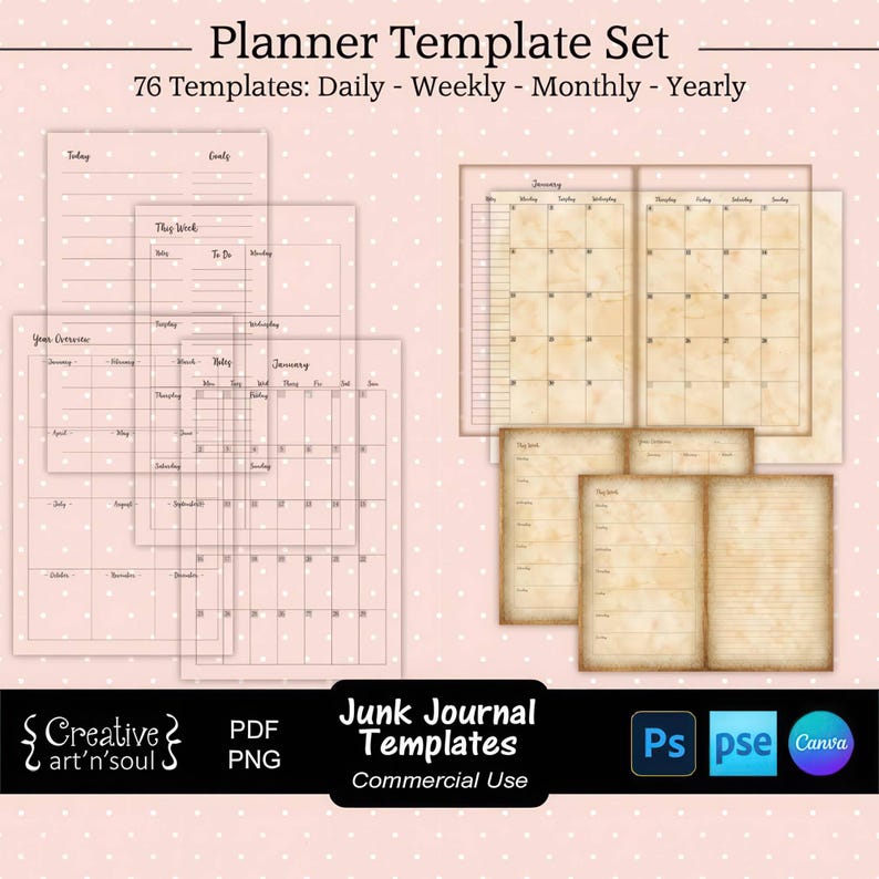 Junk Journal Planner Templates, Daily Weekly Monthly Layouts, Templates for Canva and Photoshop image 1