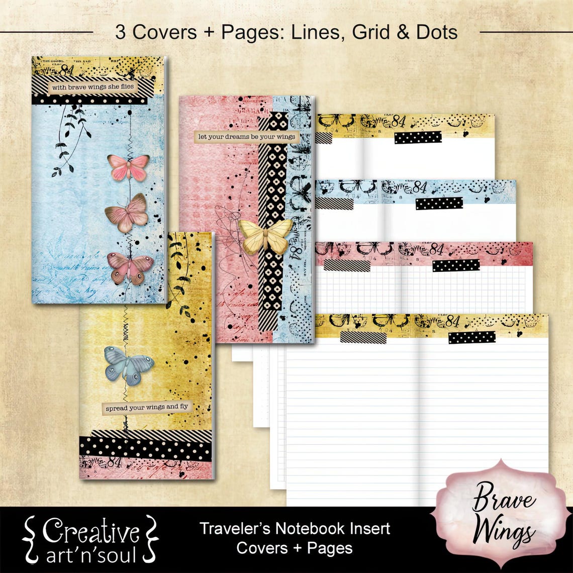 Printable Travelers Notebook Inserts, Lines Dots Grid, Standard Size ...