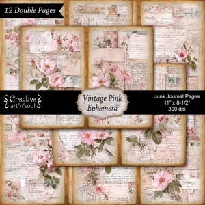 Printable Junk Journal Pages Pink Vintage Ephemera, Vintage Junk Journal Papers, Digital Download