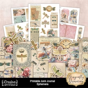 Diário de lixo para impressão Ephemera Dragonfly Dreaming, Cartões de diário de lixo para impressão Etiquetas Ephemera, Download digital