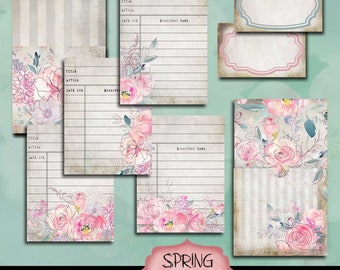 Printable Junk Journal Library Cards and Pockets, Spring Blush