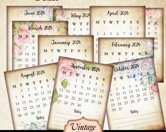 Printable Calendar Cards 2024, Junk Journal Cards, Sizes 3"x4" + 4"x5", Sunday + Monday Start