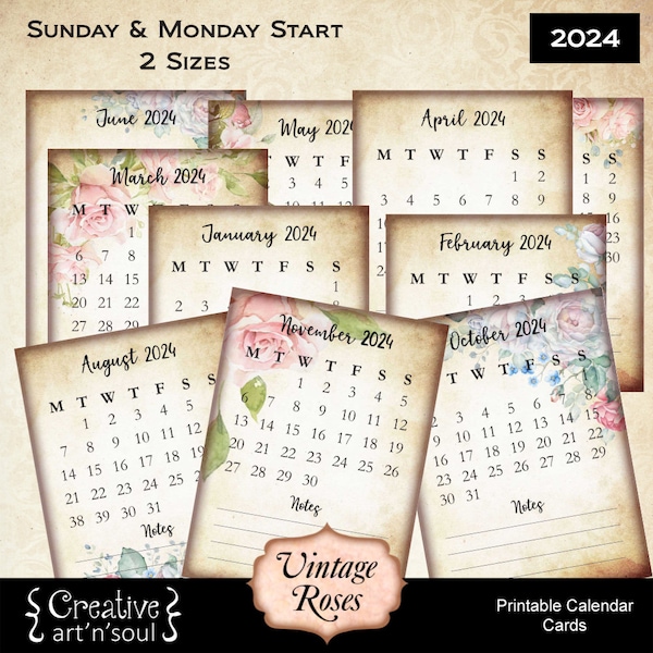 Printable Calendar Cards 2024, Junk Journal Cards, Sizes 3"x4" + 4"x5", Sunday + Monday Start