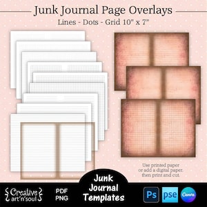 Modèles imprimables de pages de journal indésirable, superpositions de pages de journal indésirable 10 x 7 po, lignes - points - superpositions de grille, modèles pour Canva et Photoshop