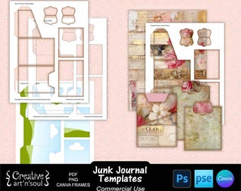 Sjablonen voor een junk journal, dubbel vak met kaartjes en tabbladen, sjablonen voor Photoshop en Canva