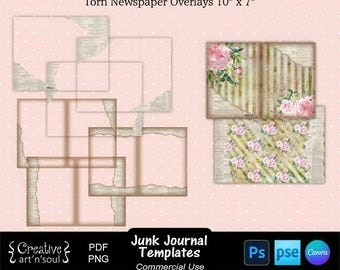 Junk Journal Templates, Torn Newspaper Page Overlays 10" x 7", Templates for Canva and Photoshop