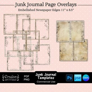 Junk Journal Templates, Page with Embellished Newspaper Overlays 11" x 8.5", Templates for Photoshop or Canva