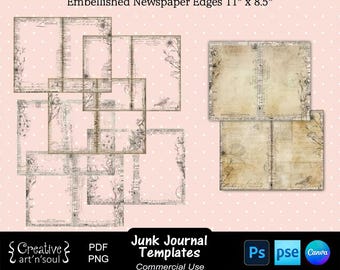 Junk Journal Templates, Page with Embellished Newspaper Overlays 11" x 8.5", Templates for Canva and Photoshop