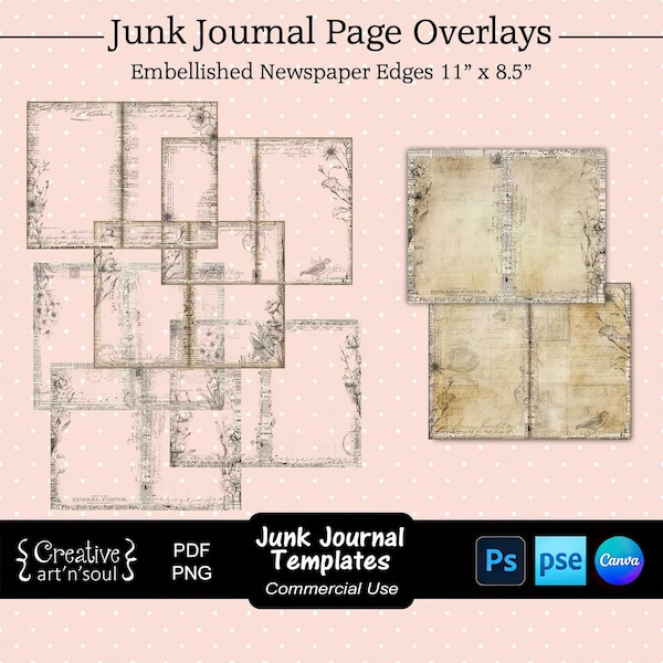 Junk Journal Templates, Page with Embellished Newspaper Overlays 11" x 8.5", Templates for Photoshop or Canva
