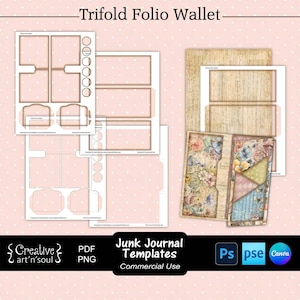 Junk Journal Templates, Trifold Folio Wallet with Pockets, Templates for Canva and Photoshop