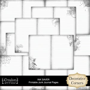 Printable Ink Saver Junk Journal Pages, Printable Lined Pages, Pages for Junk Journals, Black and White Paper Pack, Digital Download