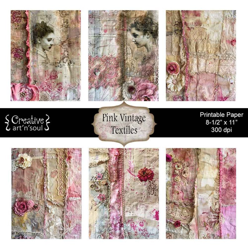 Printable Paper Pack, Digital Paper, Junk Journal Pages, Pink Vintage Textiles image 3