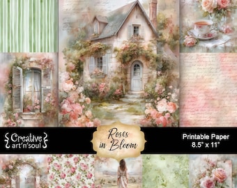 May include: A collection of printable papers with a floral and cottage theme. The papers feature images of roses, a cottage, and a woman in a dress. The text "Roses in Bloom" and "50 Papers" are visible. The paper size is 21.6 cm x 27.9 cm.