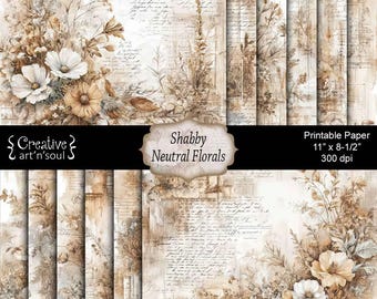 Printable Junk Journal Papers Shabby Neutral Florals 11" x 8.5", Printable Junk Journal Pages, Neutral Junk Journal Pages, Digital Download