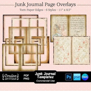 Junk Journal Templates, Page Borders with Torn Paper Edges 11"x8.5", Templates for Photoshop or Canva