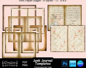 Junk Journal Templates, Page Borders with Torn Paper Edges 11"x8.5", Templates for Photoshop or Canva