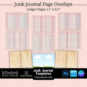Junk Journal Templates, Page Ledger Lines Overlays  11" x 8.5", Templates for Photoshop and Canva
